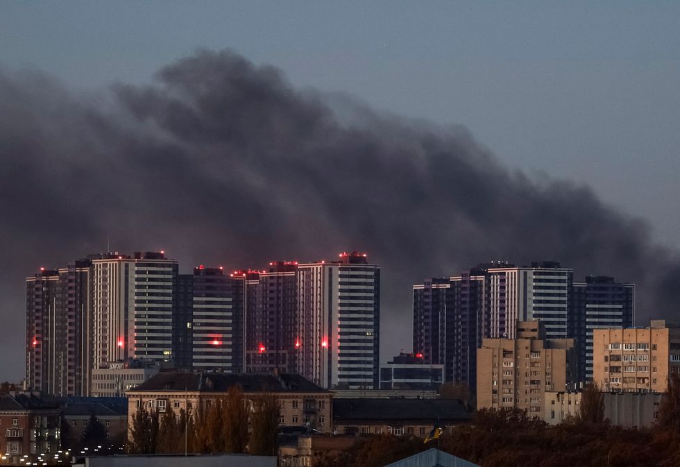 \u200bSmoke rises in the sky over the city after a Russian drone strike in Kyiv