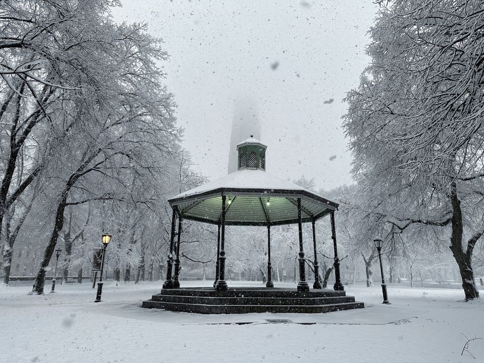 \u200bSnow falling around a gazebo in Sakura Park in upper Manhattan, New York City,