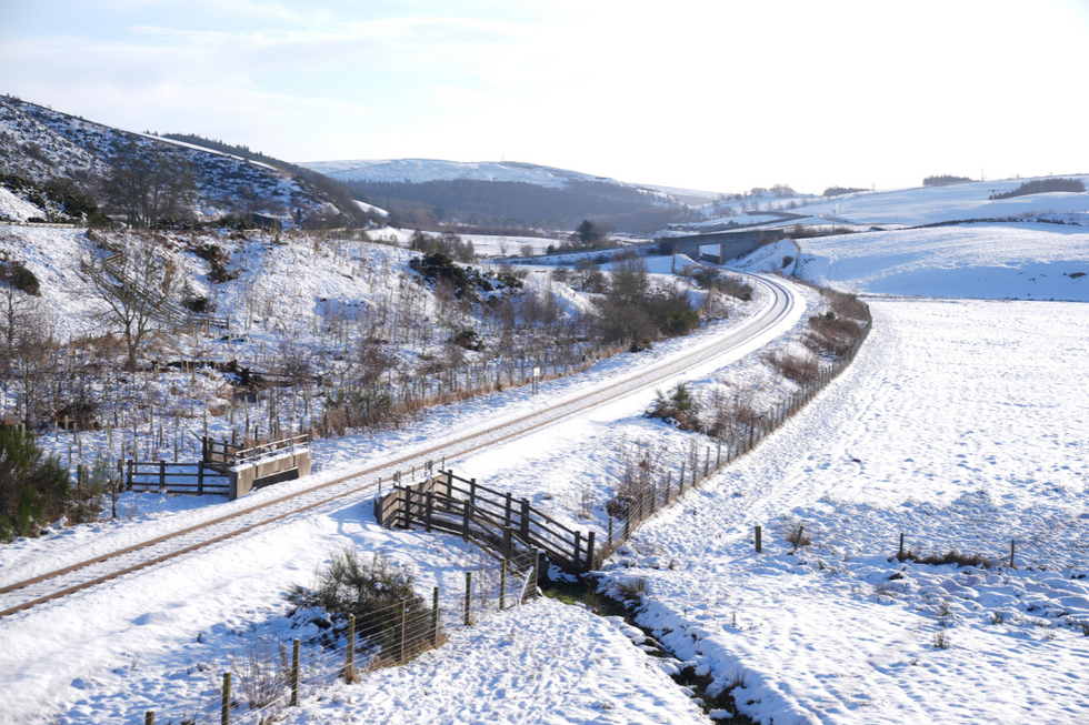 \u200bSnowy fields and railway line near Heriot, Scottish Borders