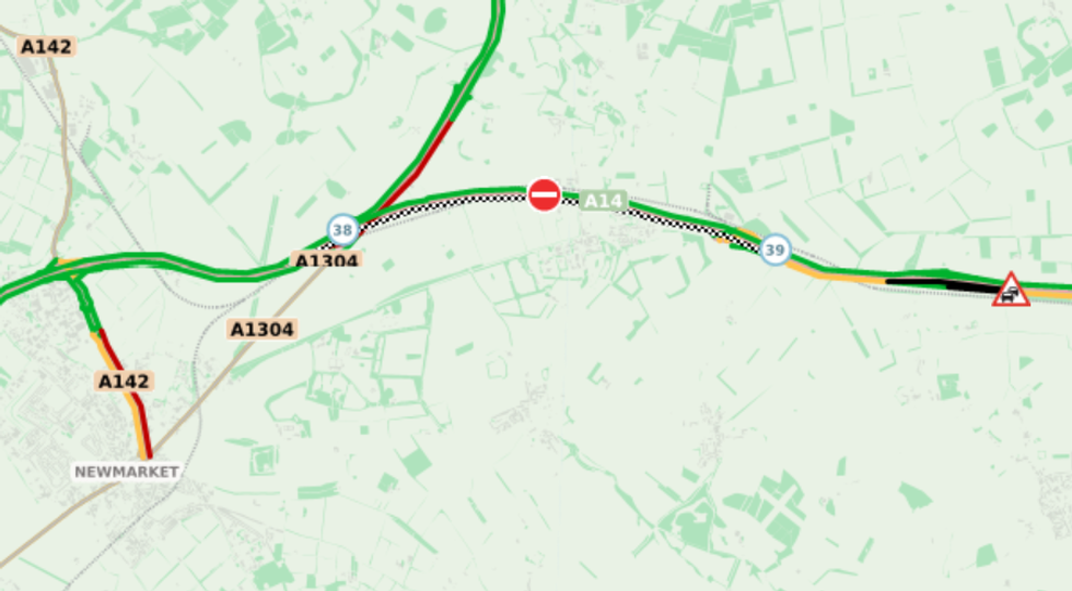 \u200bStandstill traffic remains on the A14 after the incident this morning