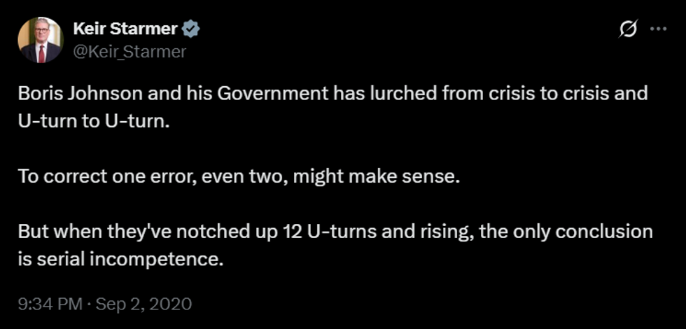 \u200bStarmer was previously critical of Boris Johnson's Government for U-turning