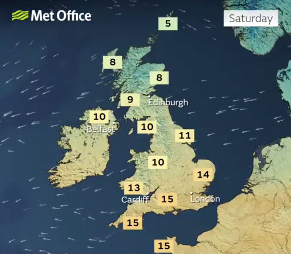 \u200bTemperatures on Saturday according to the Met Office