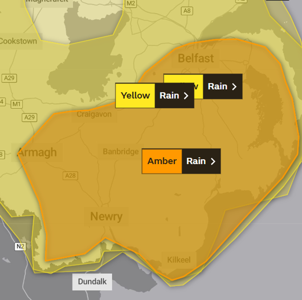 \u200bThe amber rain warning is in place across parts of Northern Ireland