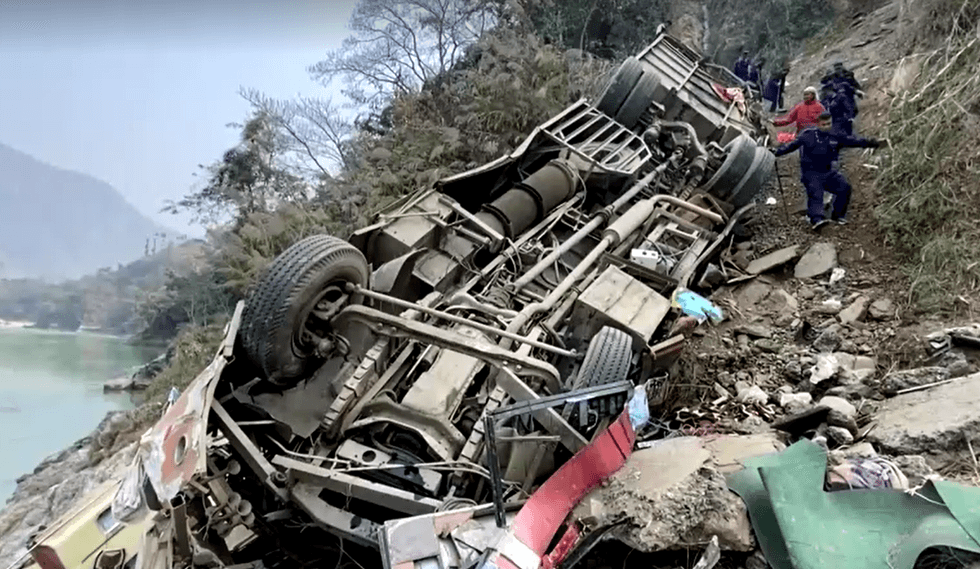 \u200bThe bus crashed just off the road in Nepal