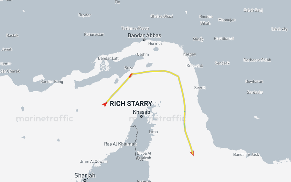 \u200bThe Chinses-owned vessel, Rich Starry's route through the Strait of Hormuz