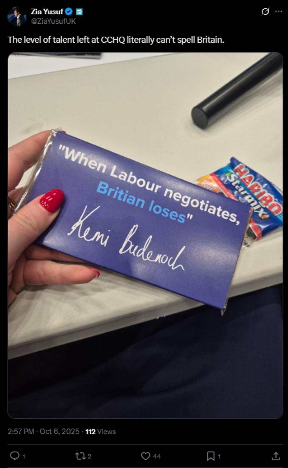 \u200bThe Conservatives have misspelt Britain on chocolate bars