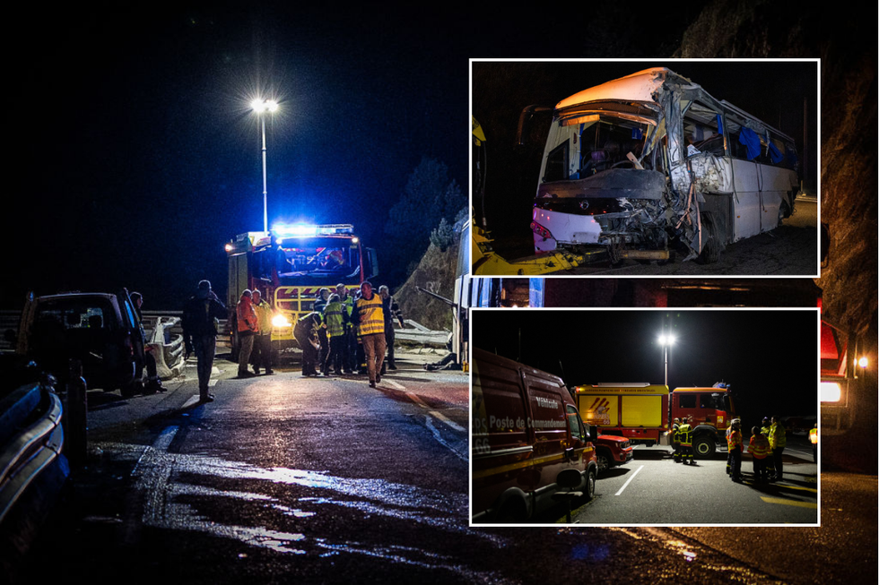 \u200bThe damaged bus was towed by a truck in Porte-Puymorens following its accident en route from Barcelona to Andorra