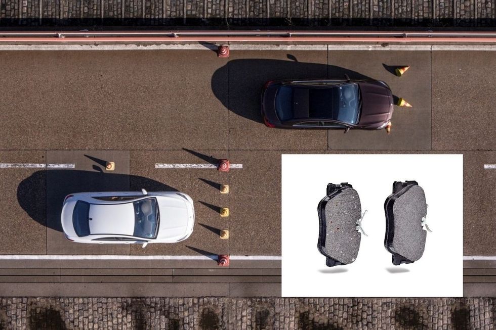 \u200bThe darker car with the fake brake pads (left) has a significantly longer braking distance than the white car with real brake pads (right)