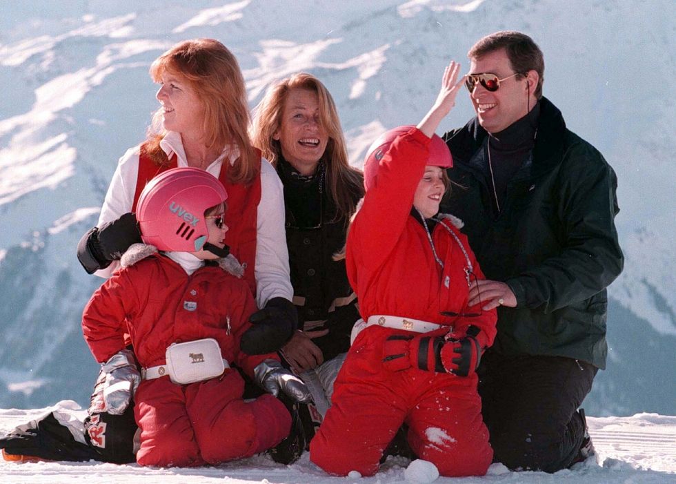 \u200bThe Duke and Duchess of York, with their children Princesses Beatrice (right) and Eugenie, and Susan Barrantes, in 1997