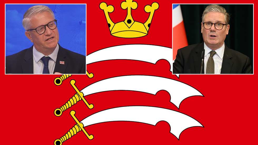 \u200bThe Flag of Middlesex with inset images of Andrew Rosindell and Keir Starmer