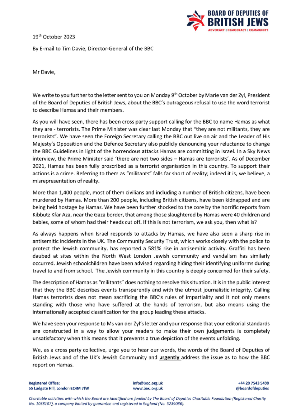 \u200bThe letter is addressed to Tim Davie