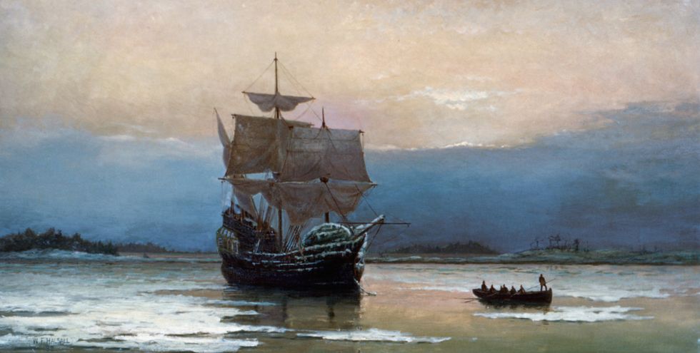 \u200bThe Mayflower in Plymouth Harbor, Massachusetts, 1620. Painting by by William Halsall, 1882.