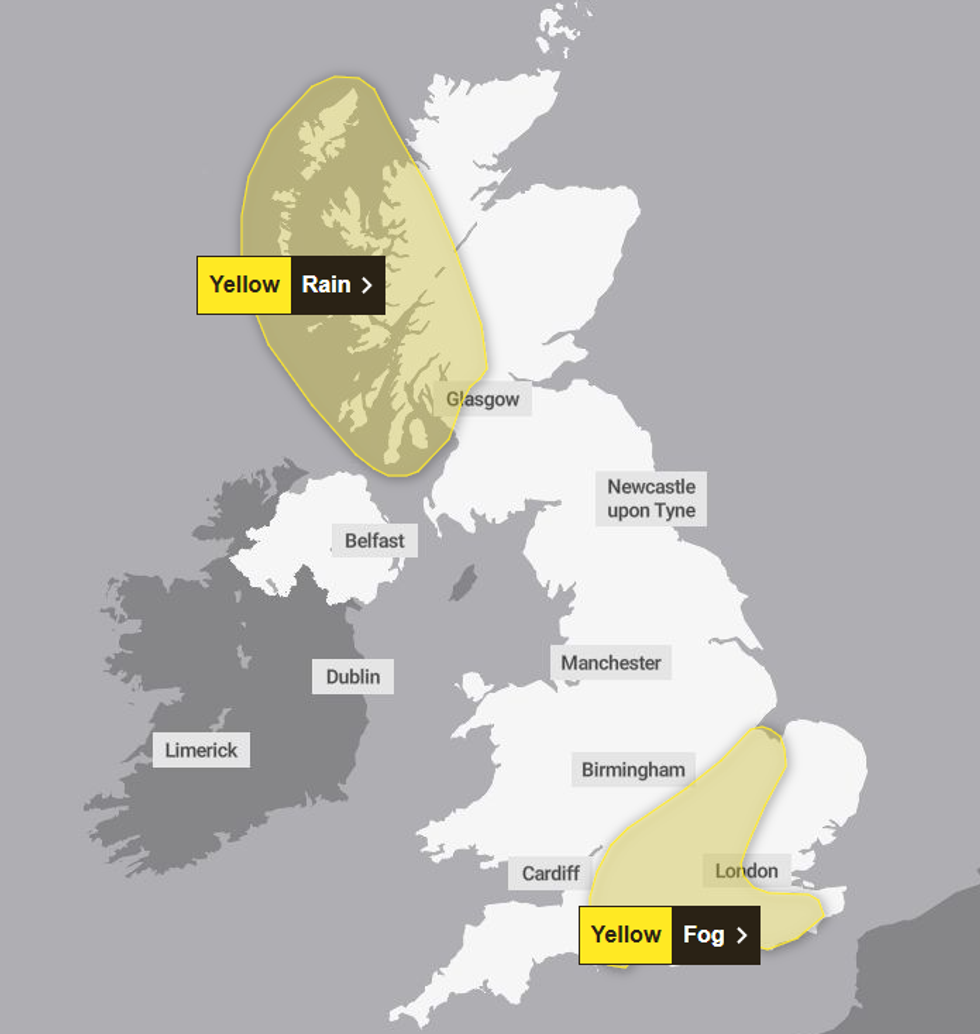 \u200bThe Met Office has issued a yellow alert for fog