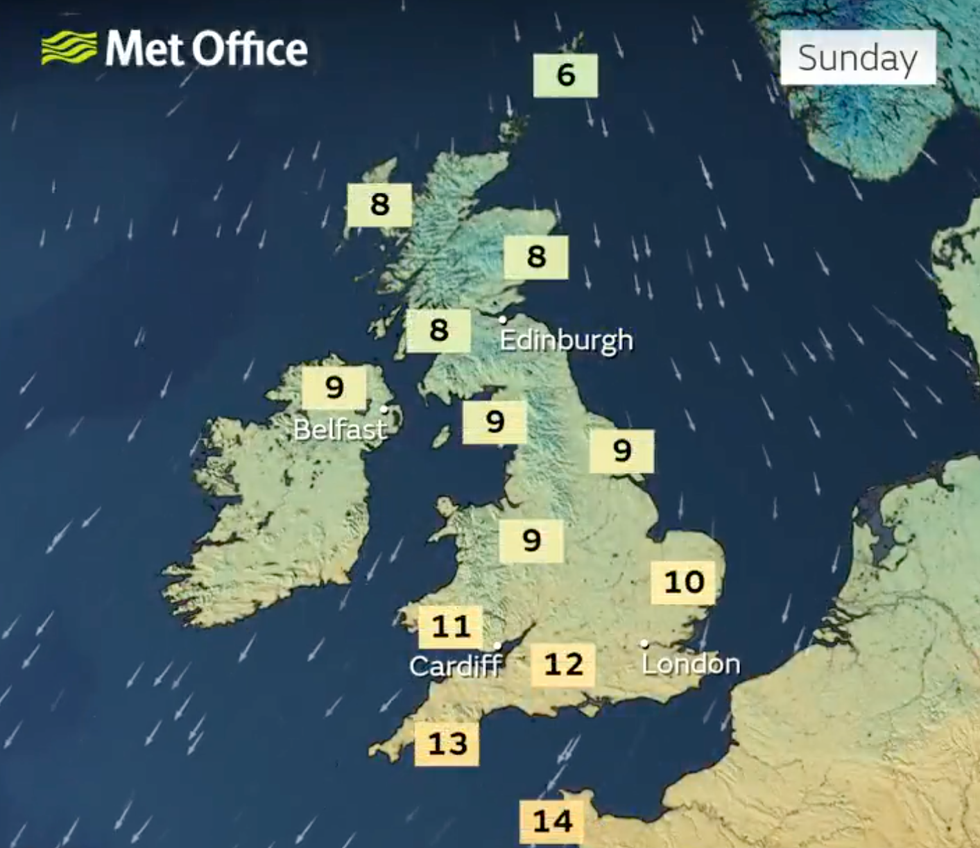 \u200bThe predicted temperatures on Sunday