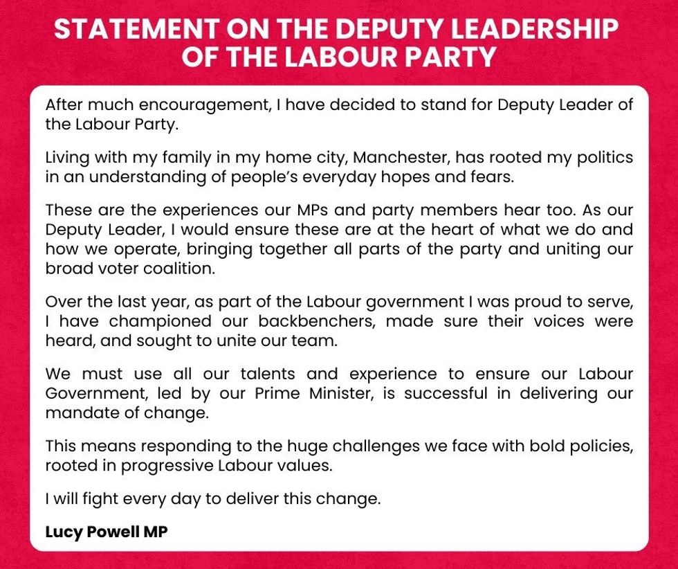 \u200bThe statement from Lucy Powell MP announcing she will run for deputy leader of the Labour Party