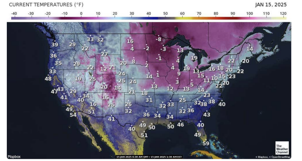 \u200bThe Weather Channel map shows current temperatures across US