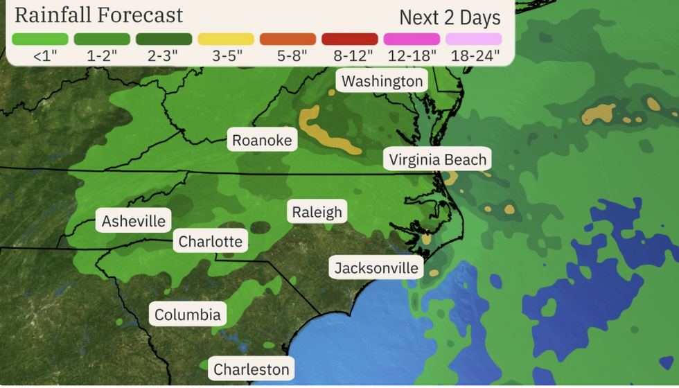 \u200bThe Weather Channel map shows rainfall forecast over east coast