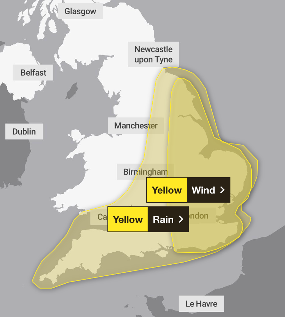 \u200bThe yellow warnings show where the heavy rain and strong gusts are expected on Thursday