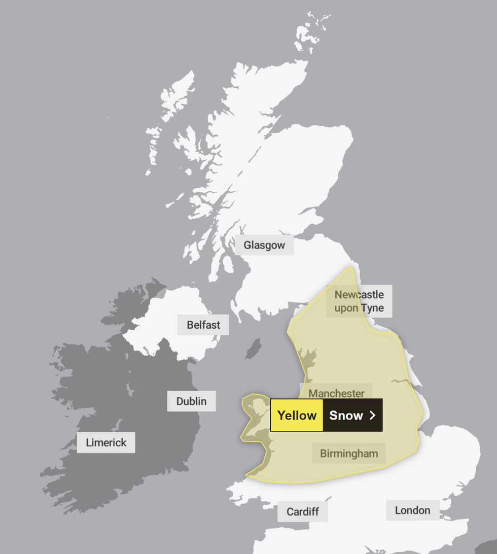 \u200bThe yellow weather warning has been issued for the north of England and the Midlands