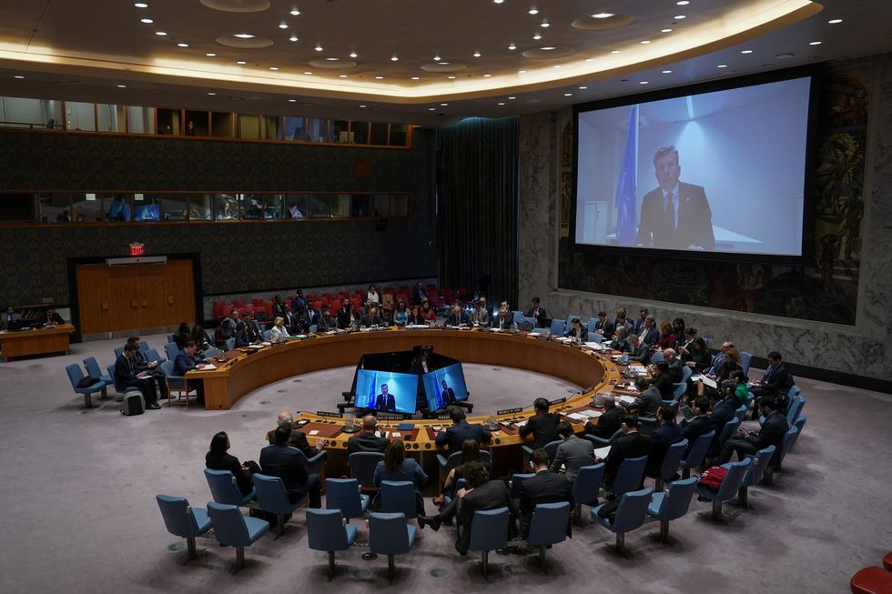 \u200bTom Fletcher addresses attendees via video link during the Security Council meeting