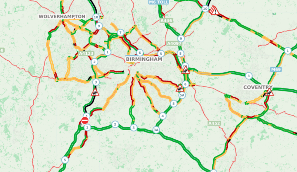\u200bTraffic maps show long delays across the transport network in the West Midlands this morning