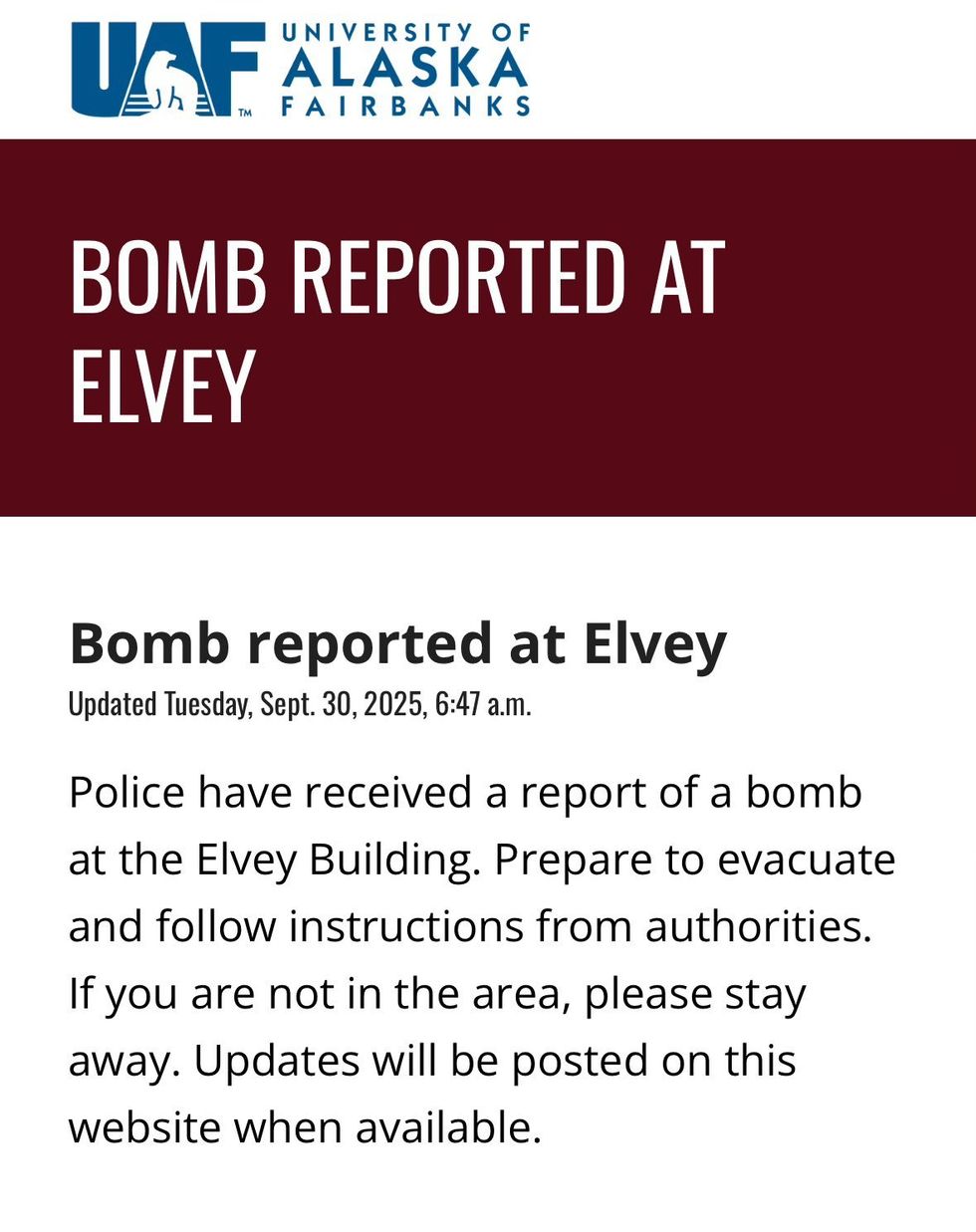 \u200bUniversity of Alaska Fairbanks released a statement to students