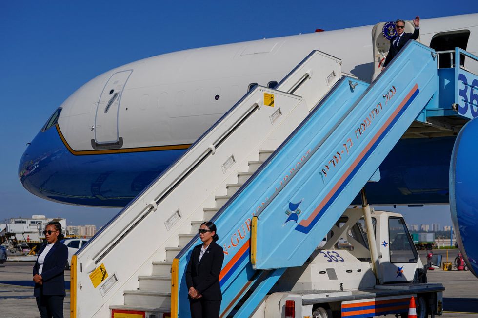 \u200bUS Secretary of State Antony Blinken gestures as he arrives in Tel Aviv, Israe