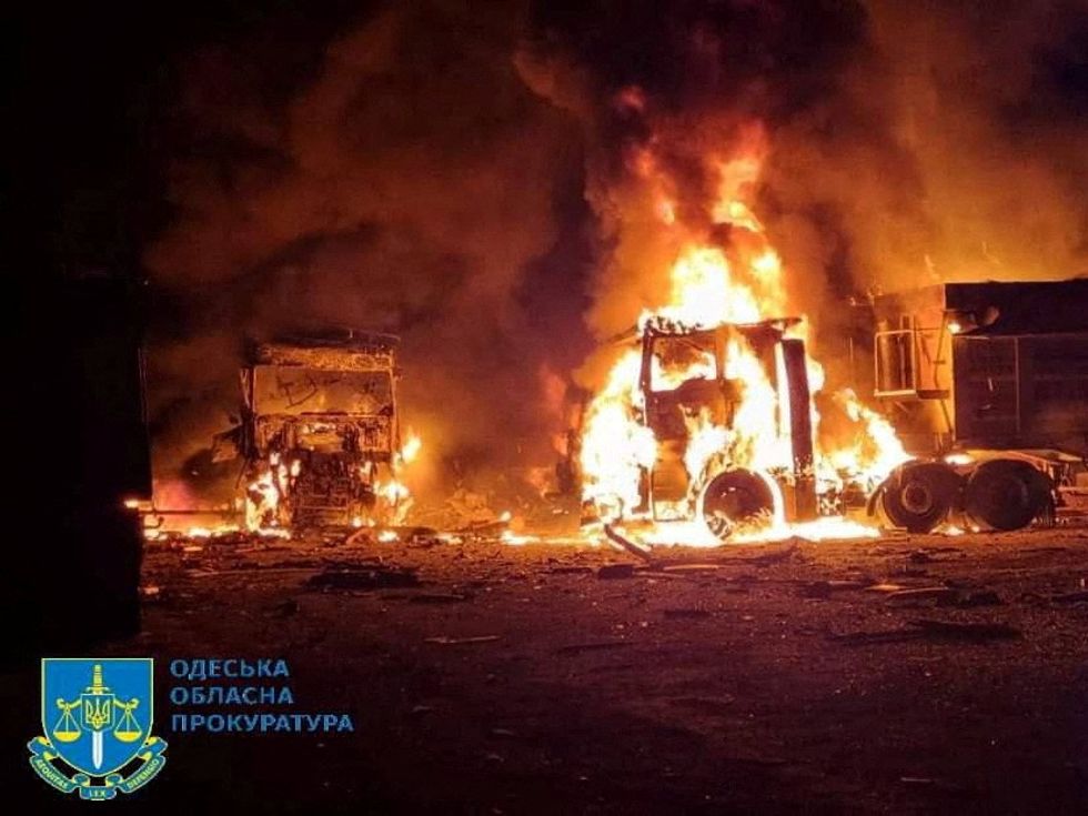 \u200bVehicles on fire, amid Russia's attack on Ukraine, in the Odesa region of Ukraine