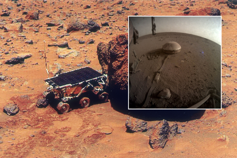 \u200bView of the InSight's seismometer on the Martian surface