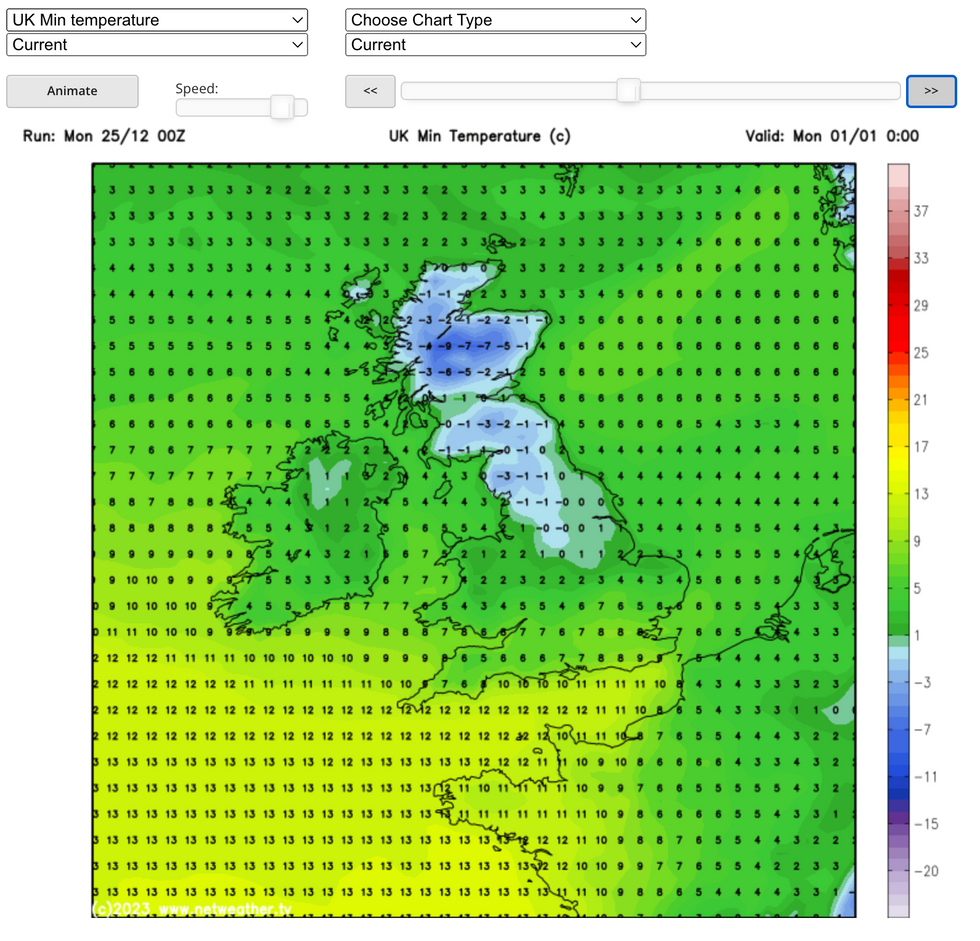 \u200bWeather maps show temperatures will drop sub-zero for large parts of the UK at midnight on New Year's Day