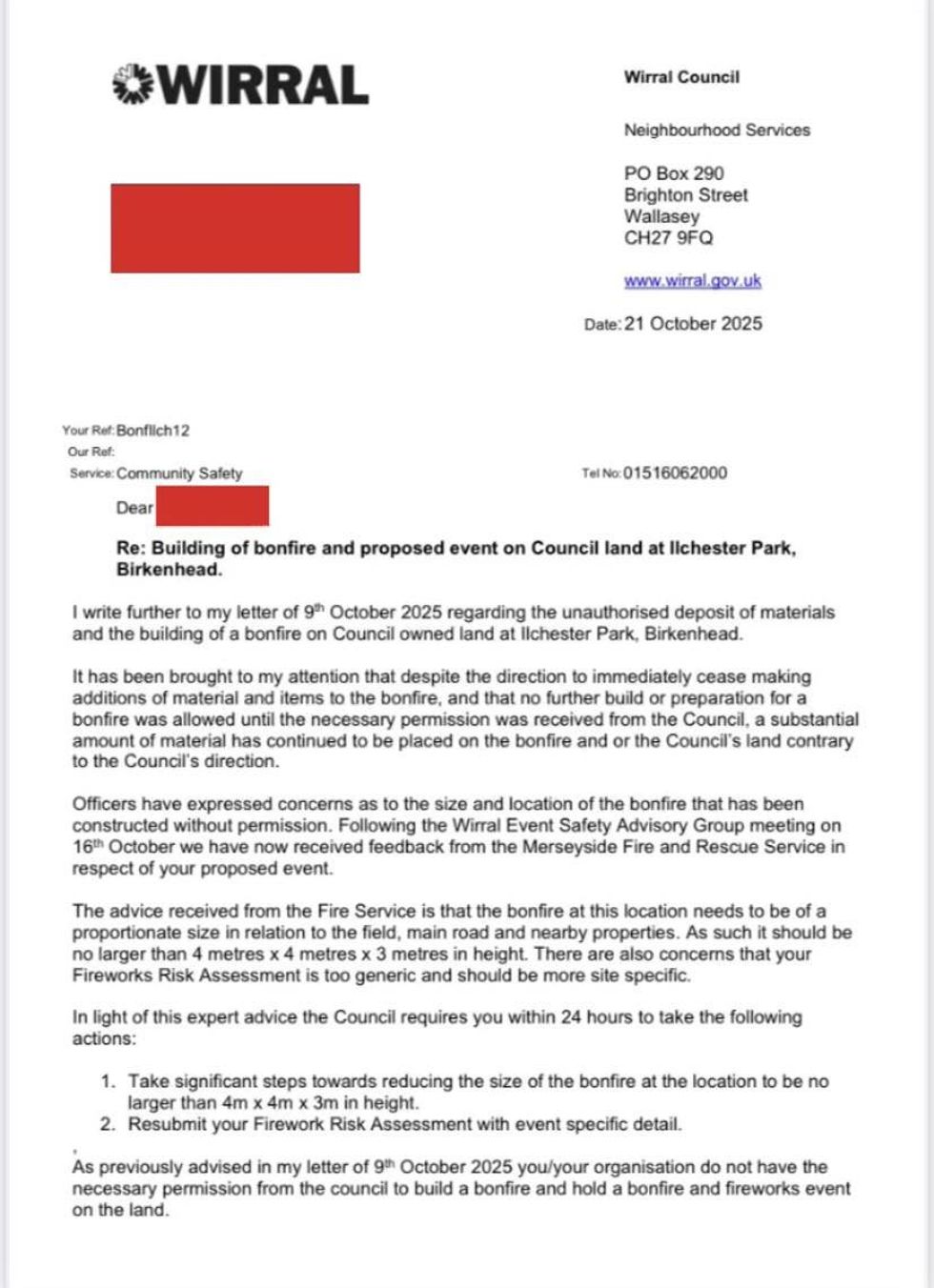 \u200bWirral Council's letter to organisers explaining the requirements for the bonfire