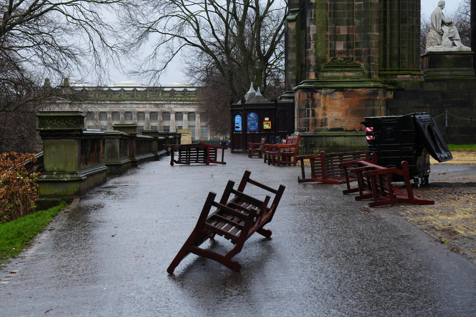 \u200bWooden park benches blown over by the winds from Storm Eowyn
