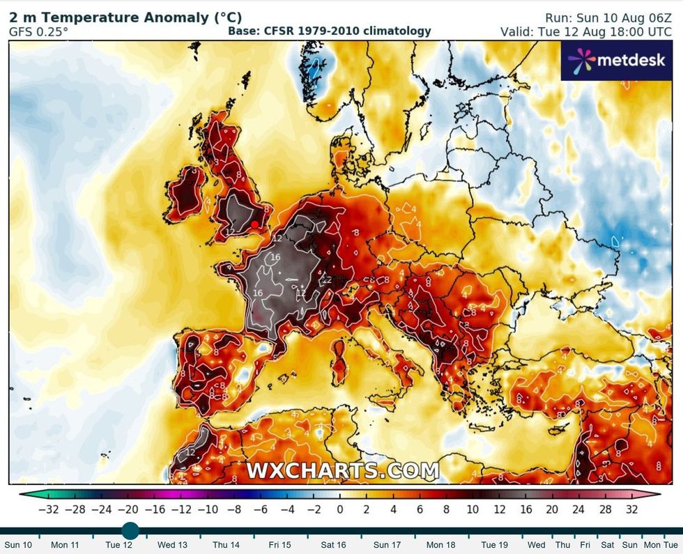 \u200bWX Charts map shows expected temperature anomaly on Tuesday, August 12