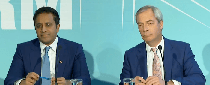 \u200bZia Yusuf and Nigel Farage during Reform UK's budget plan