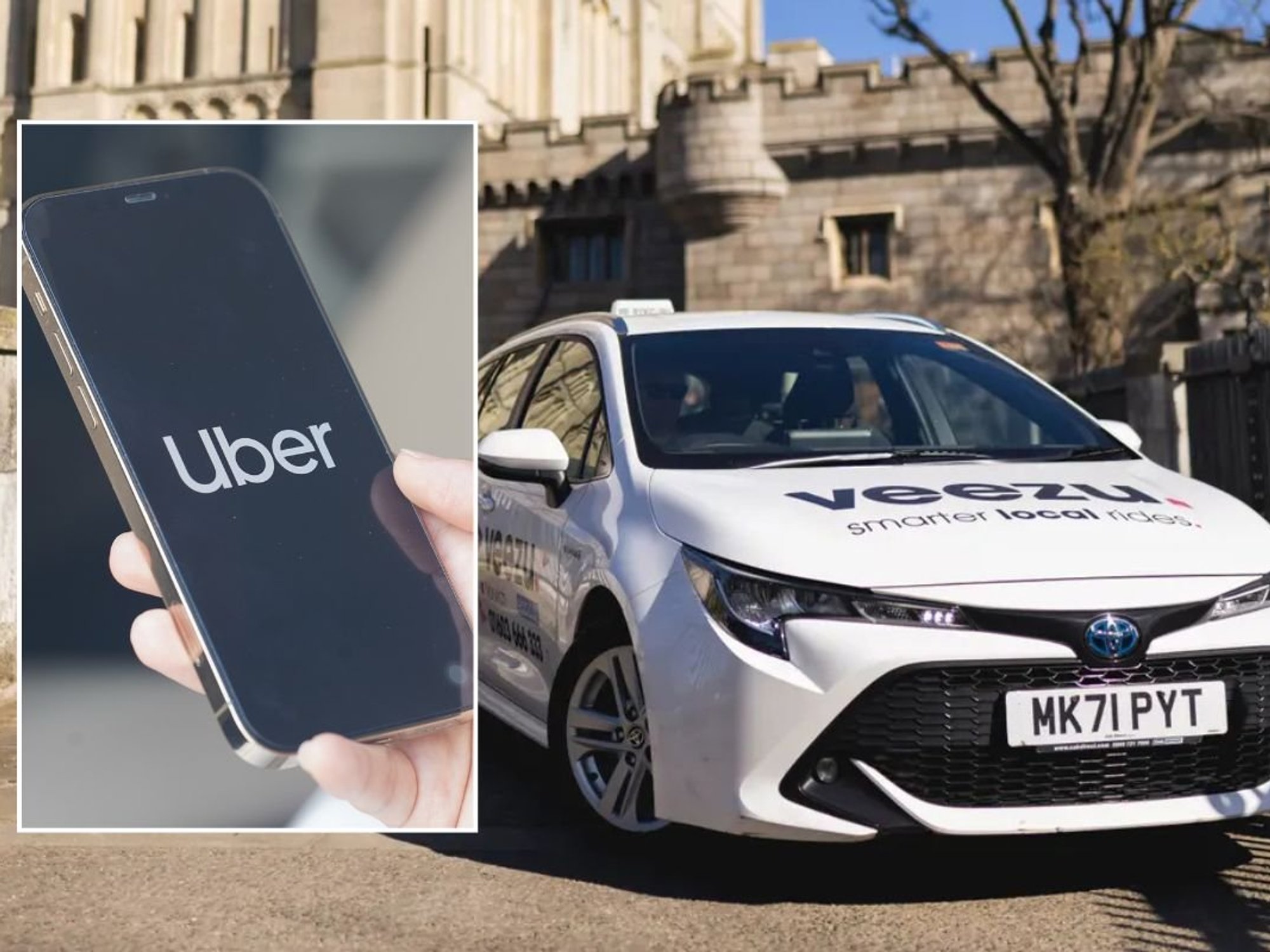 Uber logo and a Veezu car