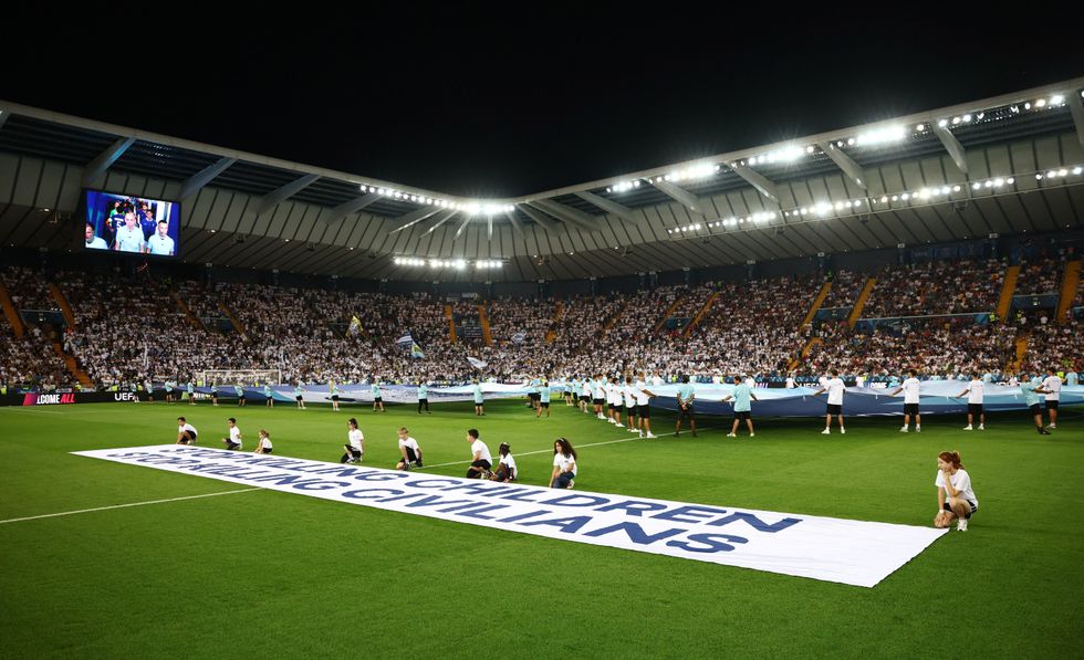 UEFA displayed banners saying 'Stop killing children' and 'Stop killing civilians' before the Super Cup final