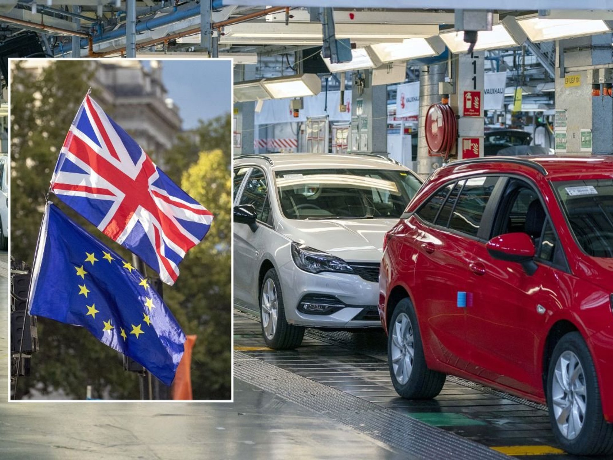 UK and EU flag, and a vehicle production factory