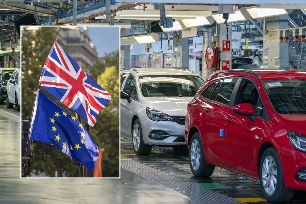 UK and EU flag, and a vehicle production factory