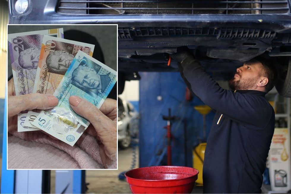 UK cash and a mechanic checking an engine oil leak