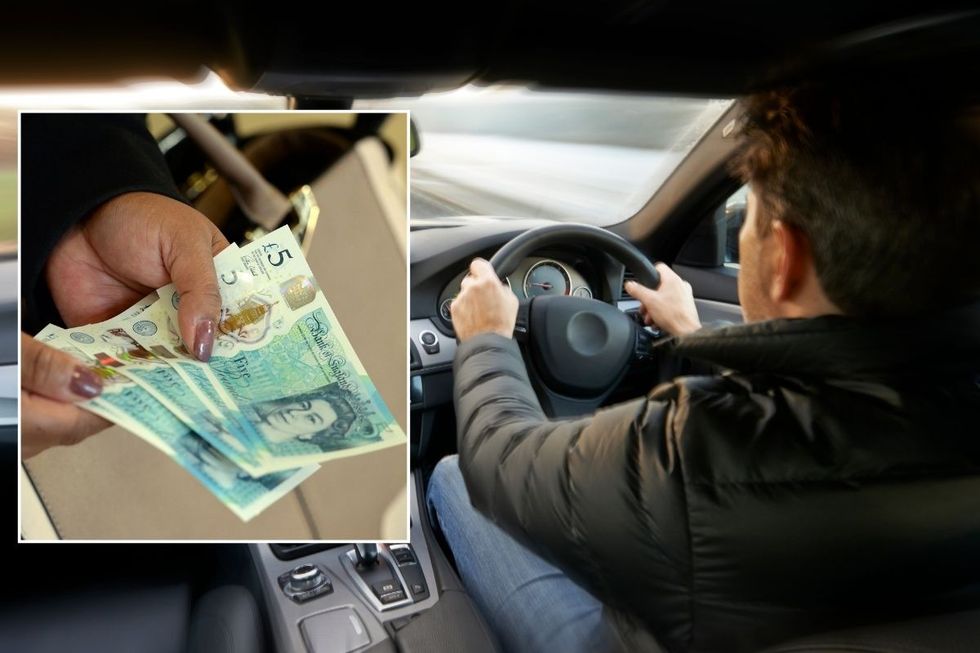 UK cash in hand and a person driving a car