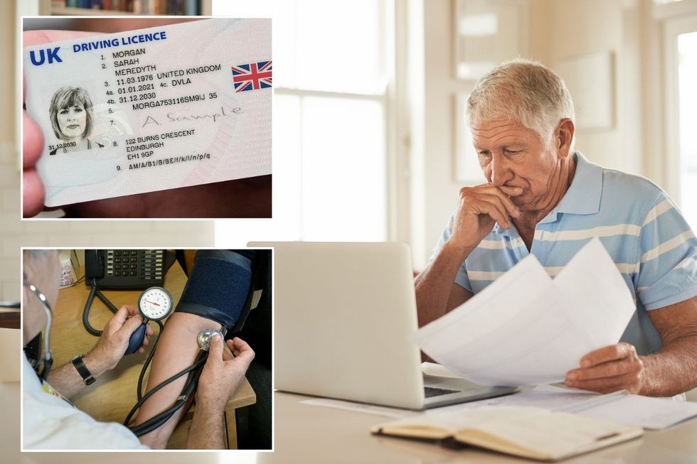 UK driving licence, a blood pressure check and a man checking his laptop