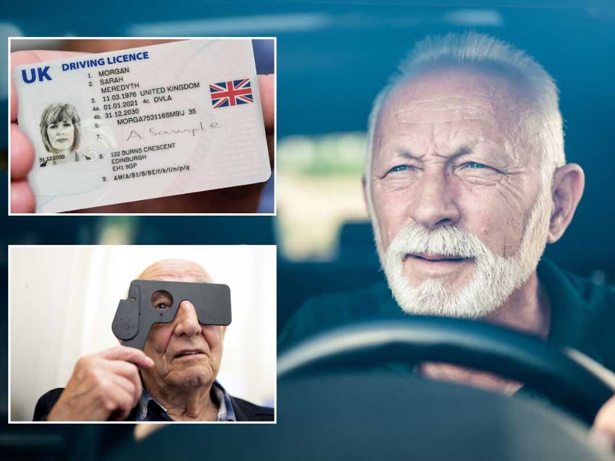 UK driving licence, an elderly driver and an older man taking an eye test
