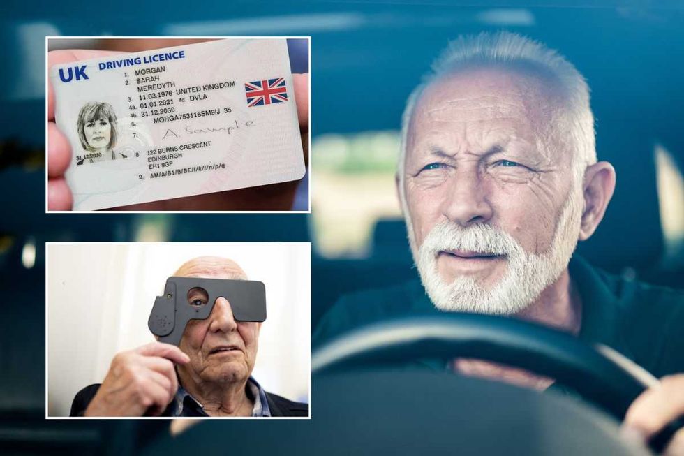 UK driving licence, an elderly driver and an older man taking an eye test