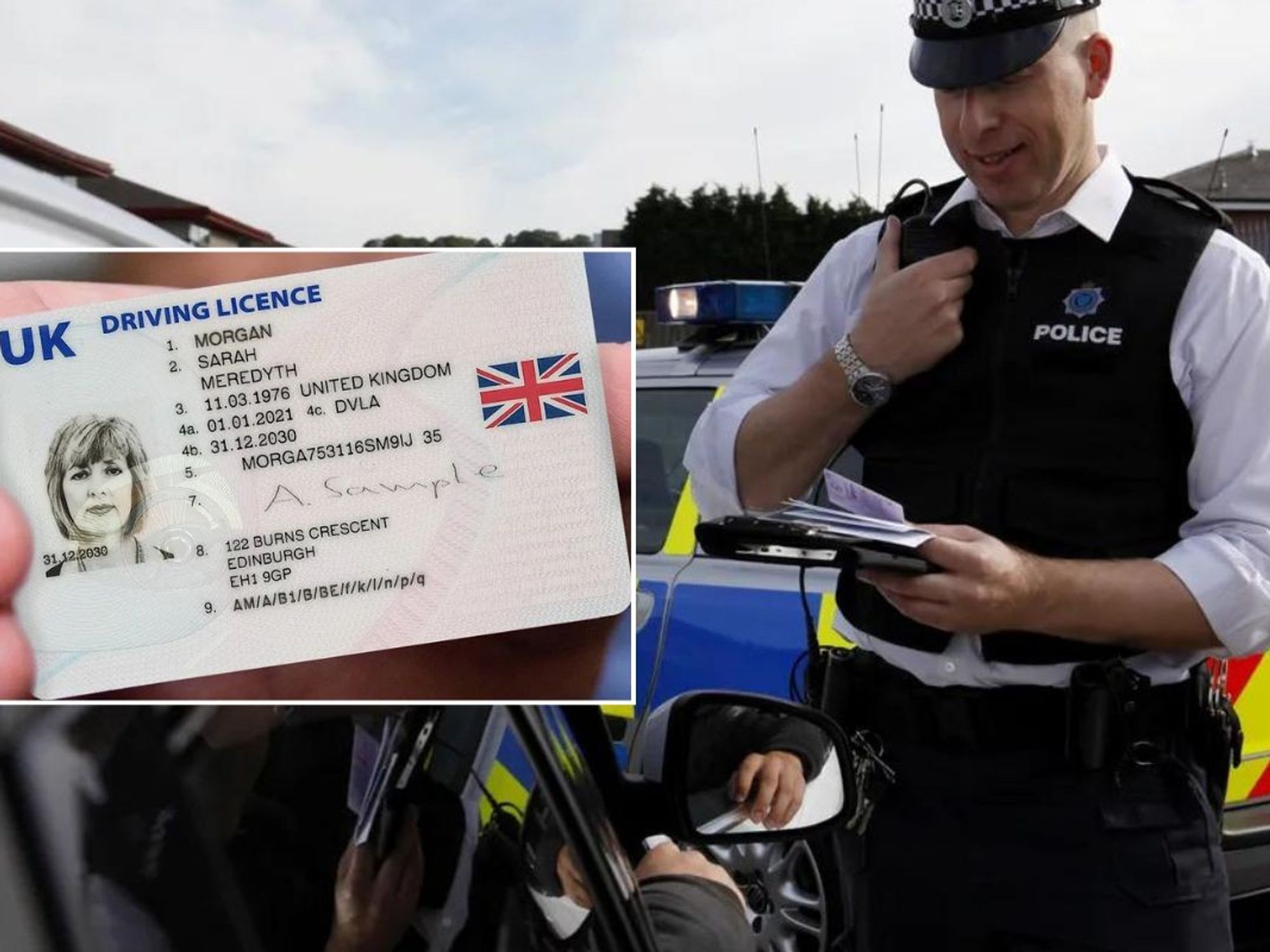 UK driving licence and a police officer