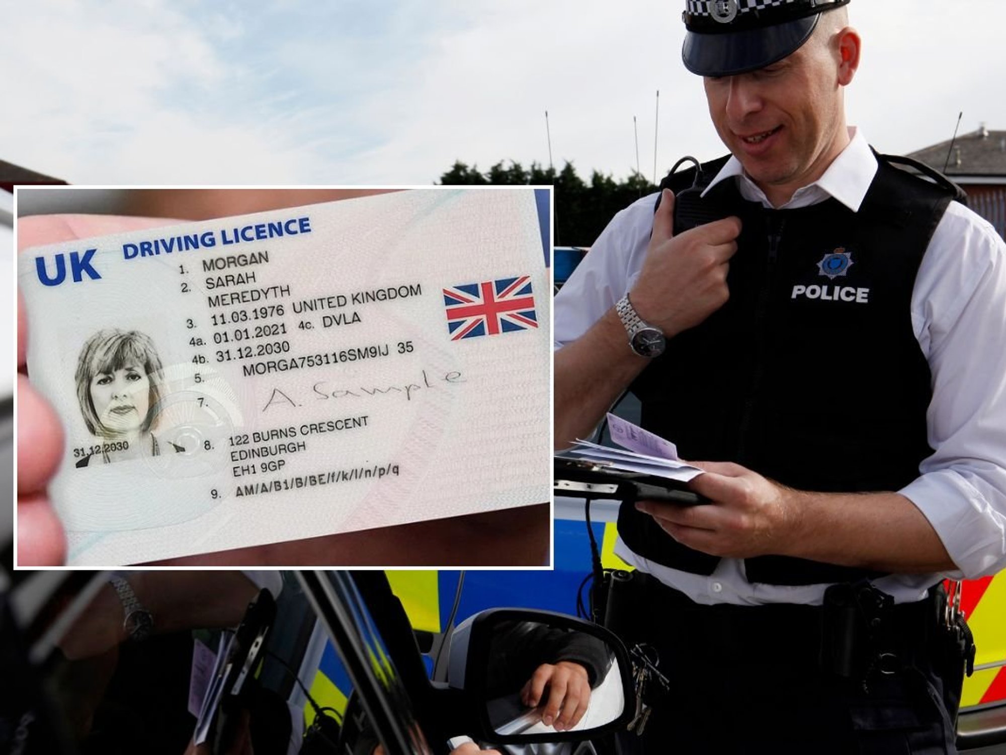 UK driving licence and a police officer