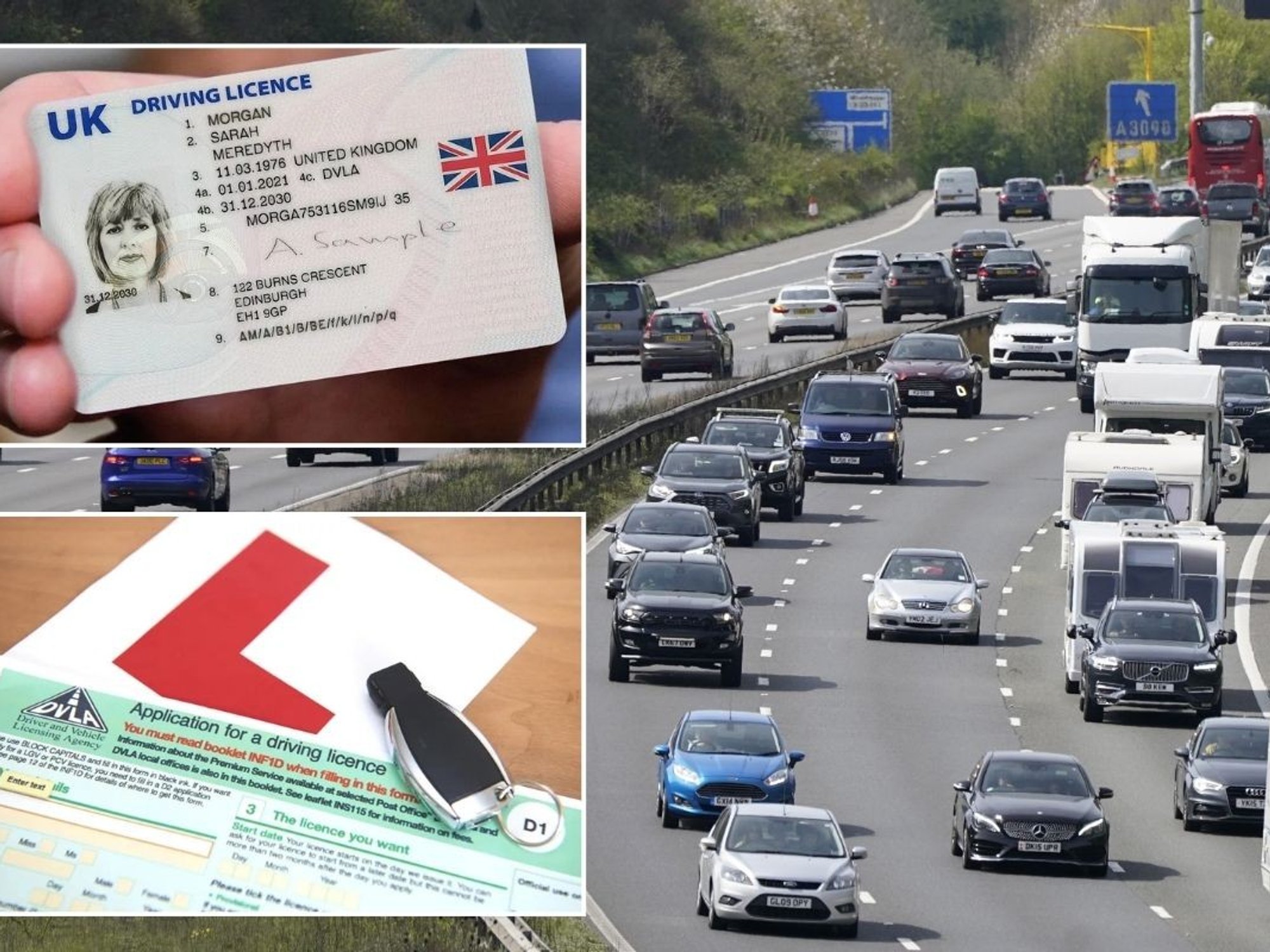 UK driving licence, learner licence application and a busy UK motorway