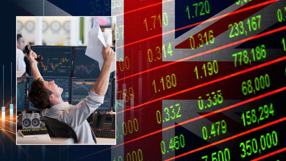 UK economy graph and happy stock trader