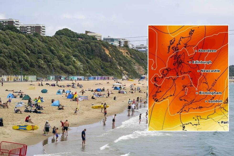 UK heat map and Bornemouth beach in hot weather