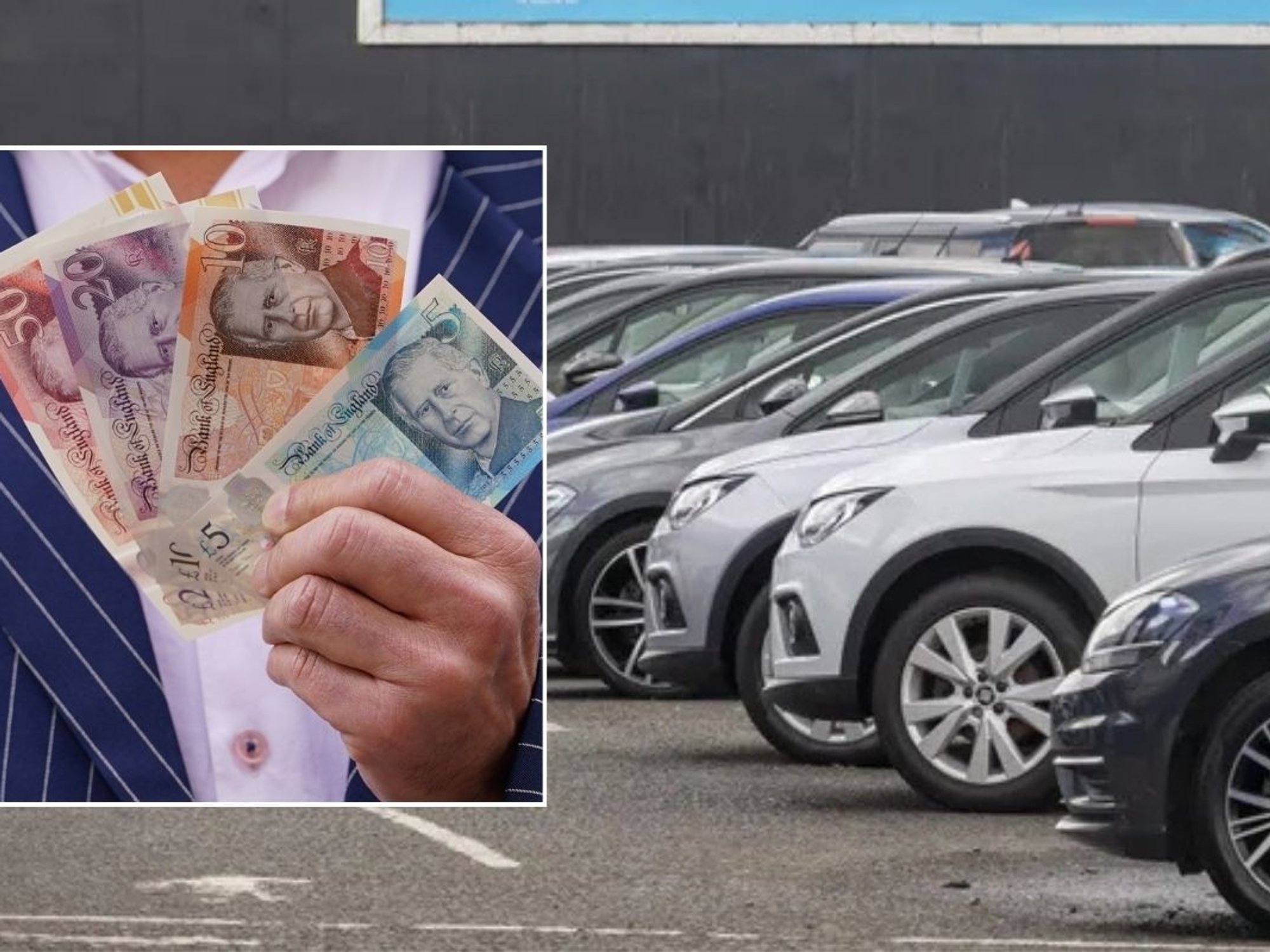 UK money and a car dealership