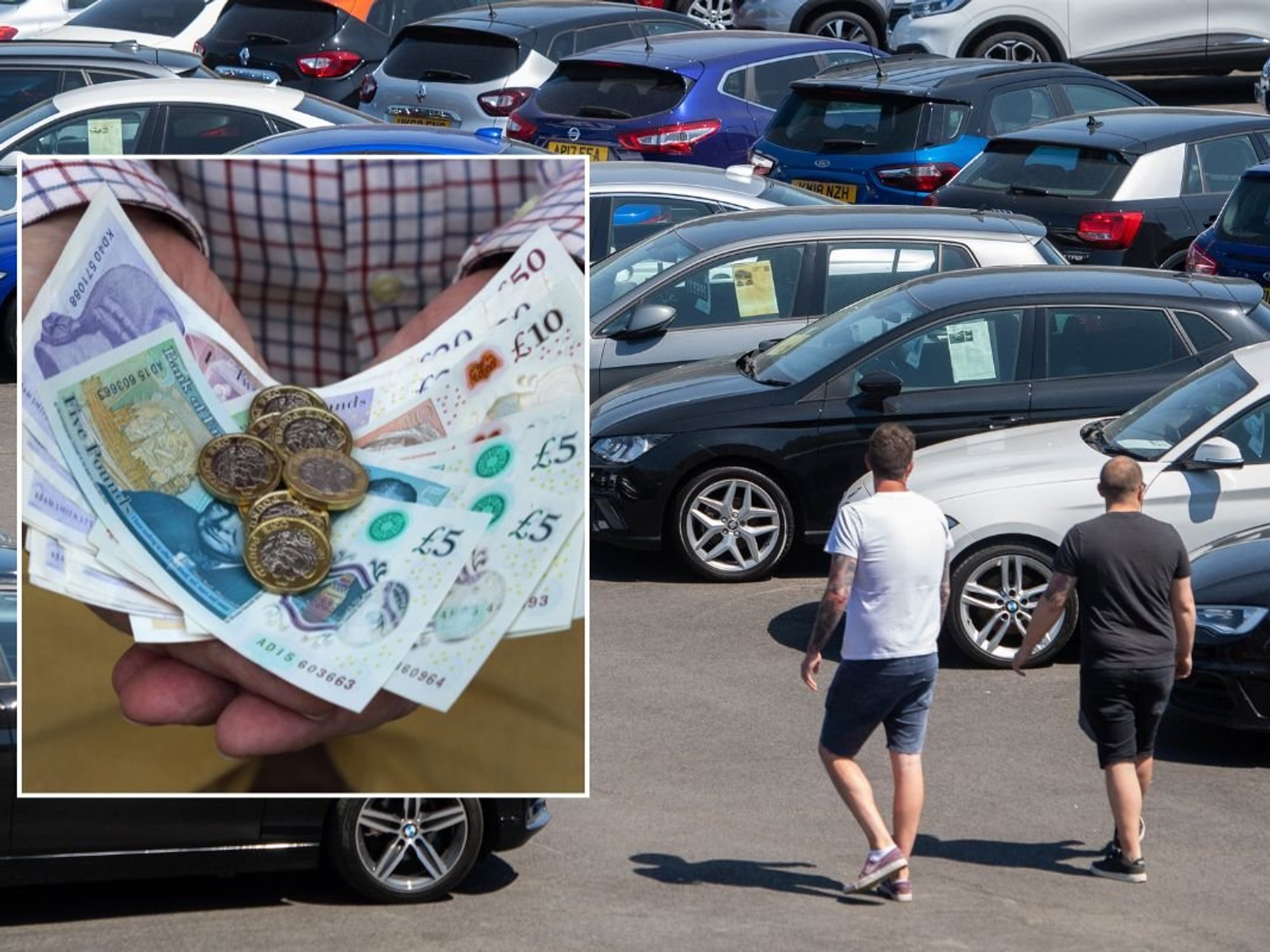 UK money and a car dealership